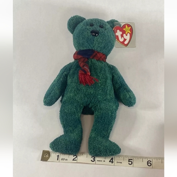 Vintage Ty Beanie Baby Wallace the Bear DOB January 25, 1999 Green With Scarf - Picture 13 of 14
